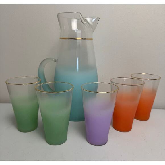 VTG Blendo Mid-Century Frosted Gold Trim 5 Glass and Pitcher Set West Virginia - Picture 15 of 16